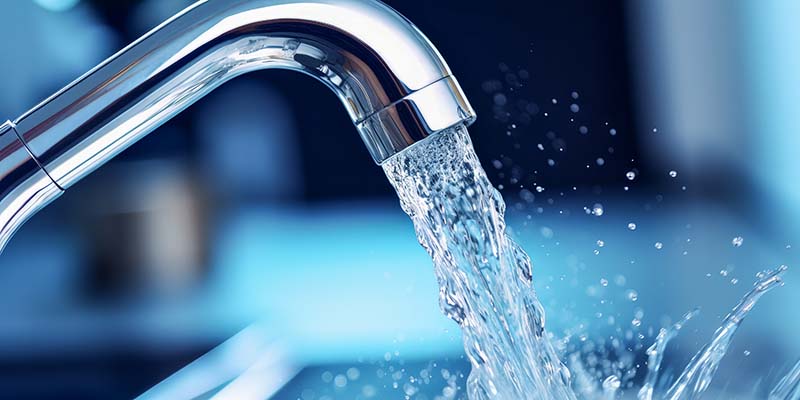 Steel chrome faucet with water flow - detail from indoor. Generative ai.